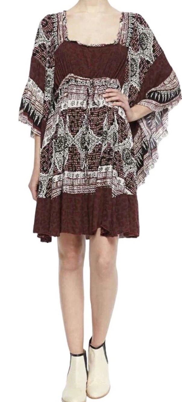 Free People Heart of Gold Red Black Bohemian Peasant Flare Sleeve Dress Sz S